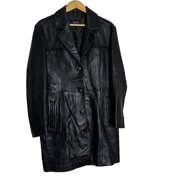 Excelled Collection Vintage Y2K Leather Trench Coat Welt Pockets Black Size L - Picture 1 of 9